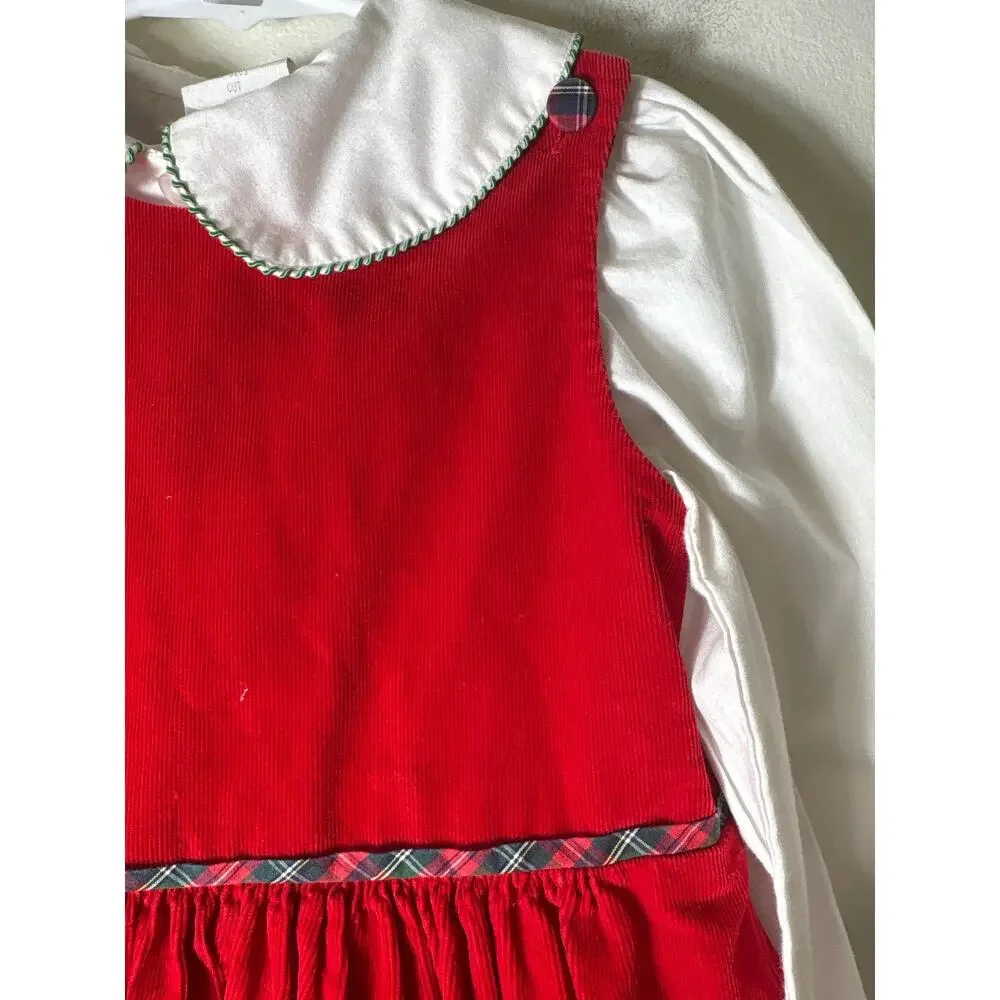 Girls Vintage Red Corduroy Dress with White Blouse Covered buttons Sz 5